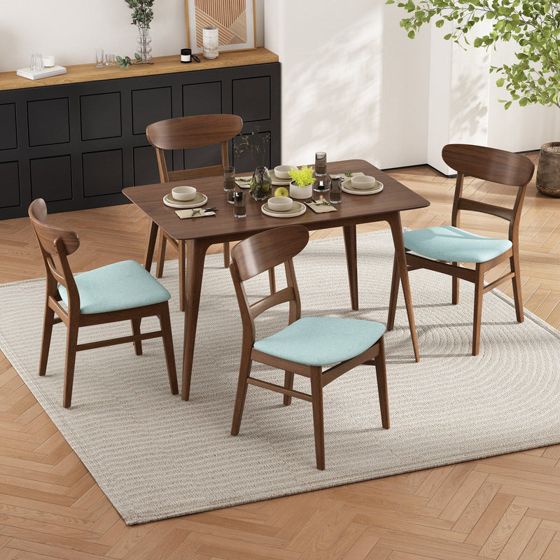 5-piece dining set with walnut table and 4 chairs; mint seat cushions