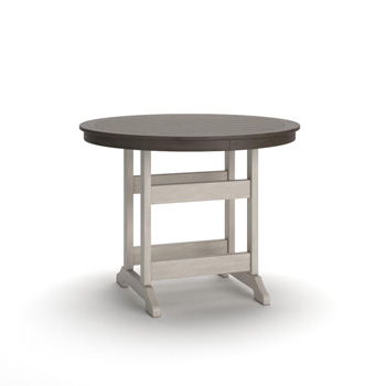Round counter-height table with a dark brown top and white slatted base