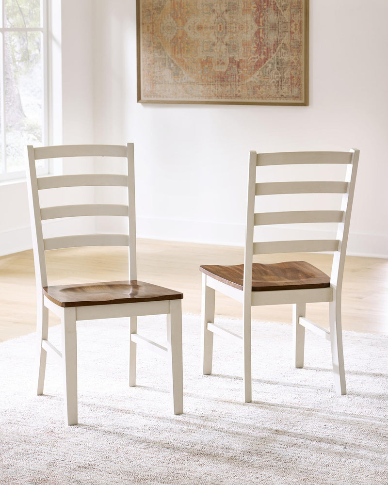 Dining side chairs with antique white frames and brown wood seats, slatted back