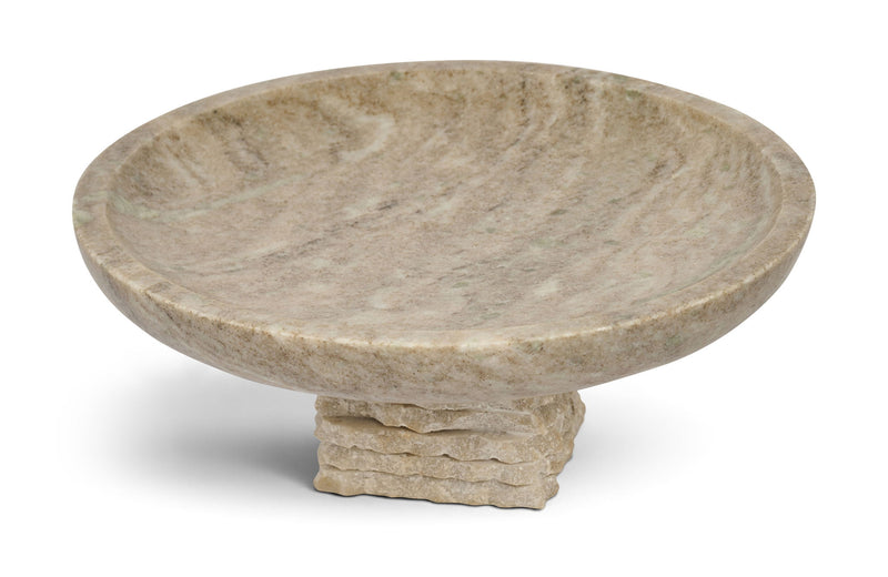 Beige marble bowl with round shallow dish and stacked stone pedestal base