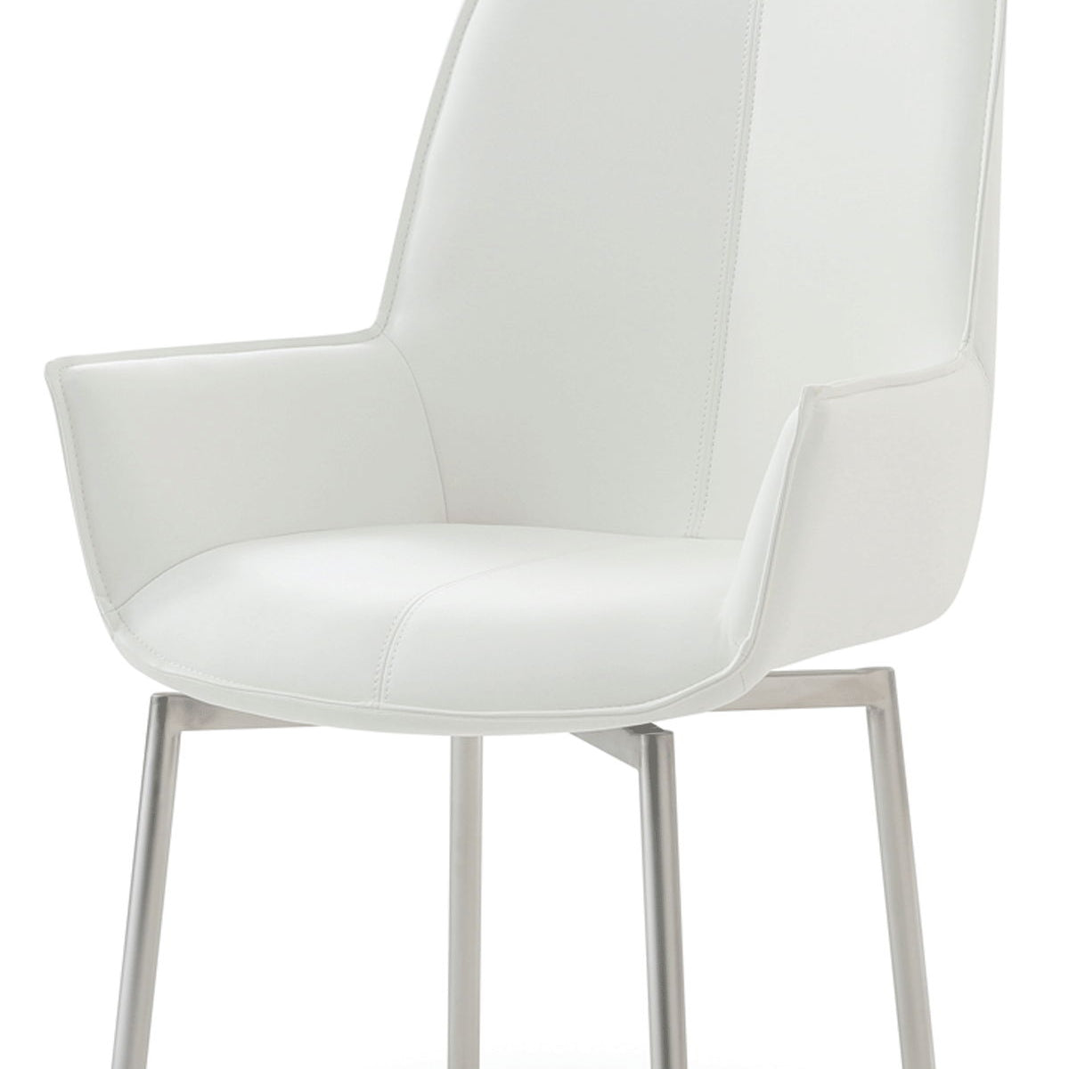 White dining chair with cushioned seat, tall backrest, and white metal legs