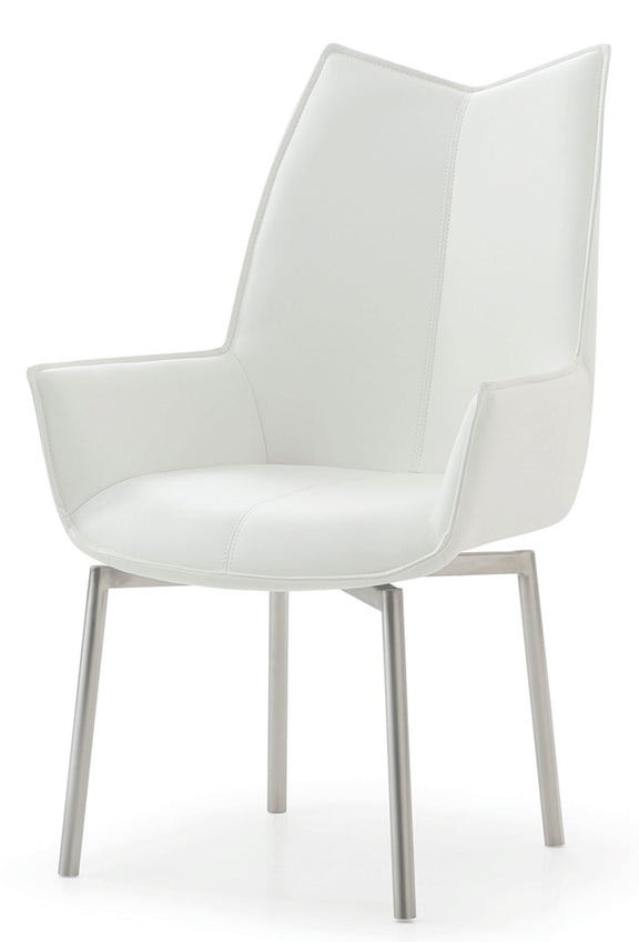 White dining chair with cushioned seat, tall backrest, and white metal legs