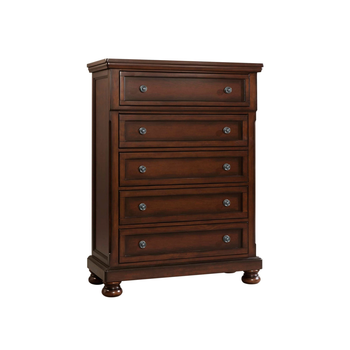 Dark brown chest of drawers with four drawers and metal knob pulls