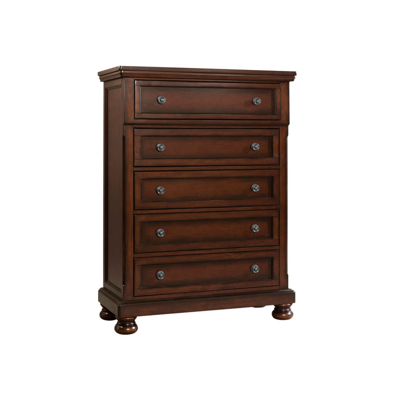 Dark brown chest of drawers with four drawers and metal knob pulls