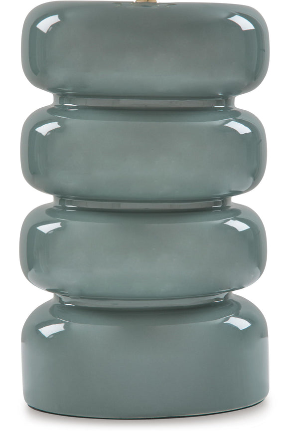 Ceramic table lamp base close-up in gray-blue with stacked rounded forms