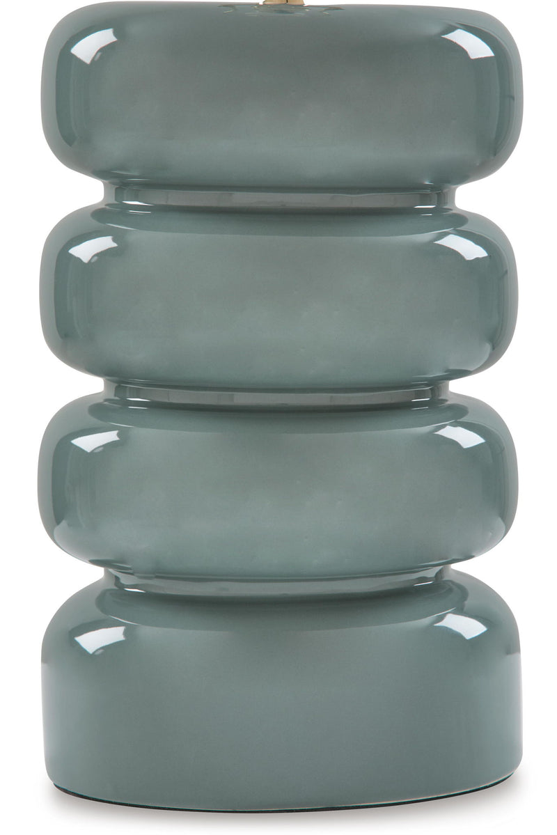 Ceramic table lamp base close-up in gray-blue with stacked rounded forms