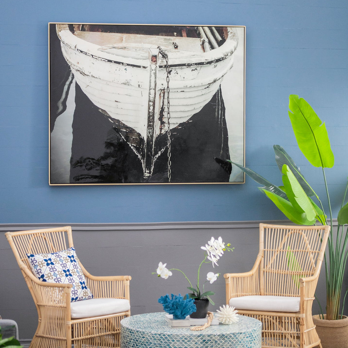 Large And Rectangular Wall Art With Frame, Wall Decor For Living Room - White / Blue