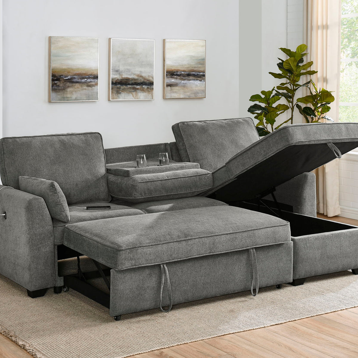 Ember - 92"W Fabric Sleeper Sectional with Reversible Storage Chaise