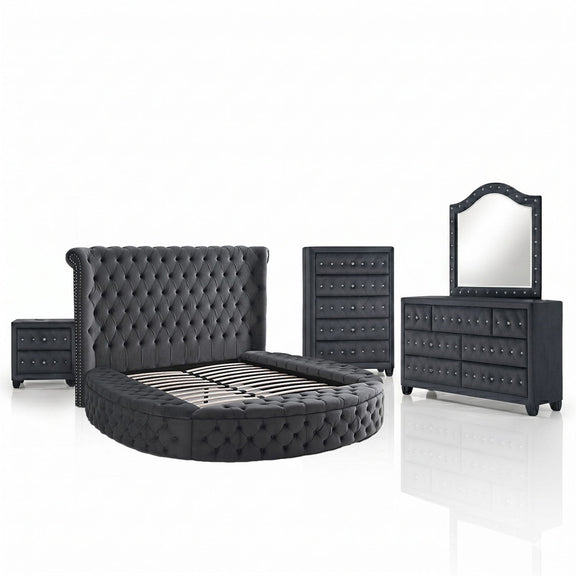 Black tufted storage bed with slat base, nightstand, chest, and mirrored dresser