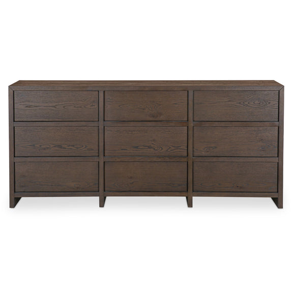 9-drawer brown dresser with three-row drawer fronts and metal pull handles