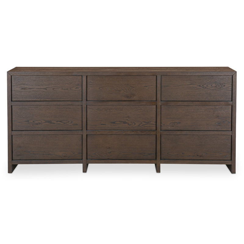 9-drawer brown dresser with three-row drawer fronts and metal pull handles