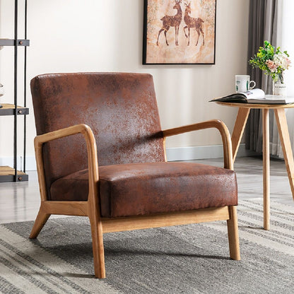 Dark brown open-frame accent chair with cushioned seat and back, rounded armrests