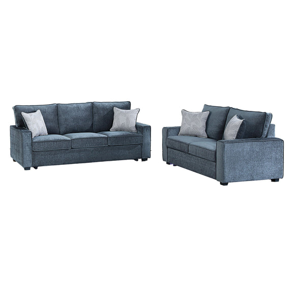 Rita LED living room sofa and loveseat set, blue fabric with four accent pillows