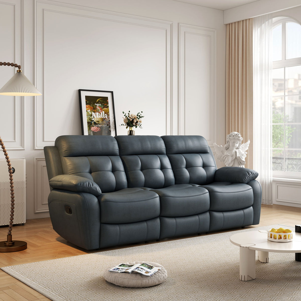 Genuine Leather Non Power Reclining Sofa With Drop Down Table, Stainless Steel Cupholders And Magazine Bag