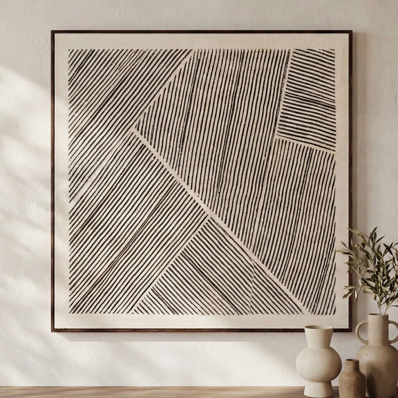 Framed abstract striped painting with diagonal and crosshatch lines in black and gray