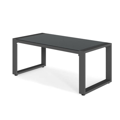 Dark gray all-weather outdoor coffee table with lower shelf and rectangular top
