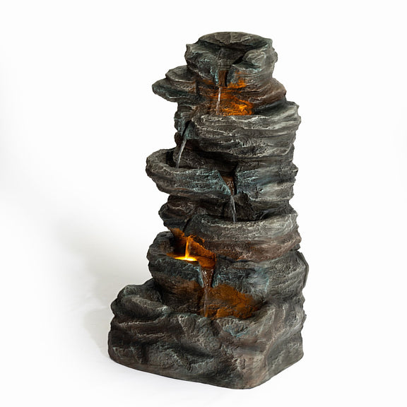 Gray 6-tier cascading stone water fountain with LED lights and streams