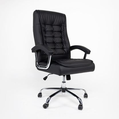 Black high-back office chair with tufted back, armrests, chrome base, and rolling casters