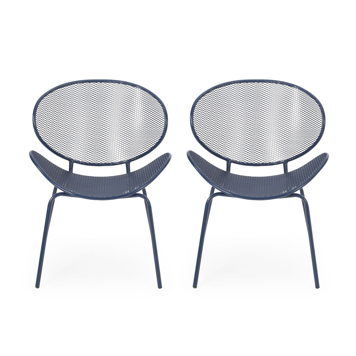 Dark blue outdoor mesh chair set with round back and molded armrests, two chairs