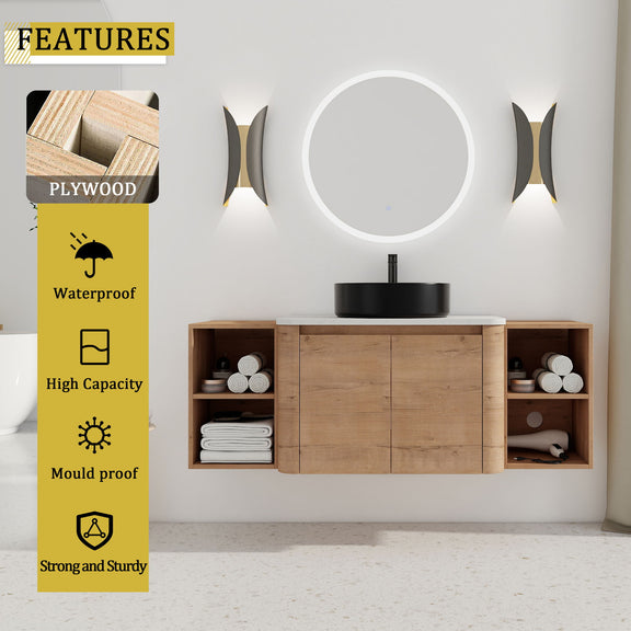 Wall-mounted bathroom vanity with art sink, two open storage shelves, soft-close door