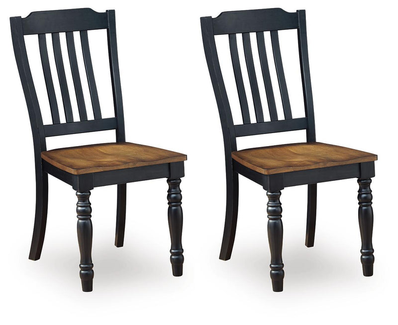 Set of 2 black dining side chairs with slat backs and brown seats