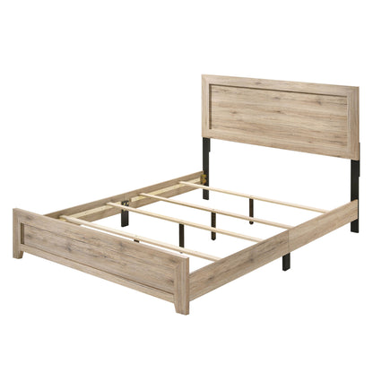 Light brown panel bed with rectangular headboard, black legs, and slat support frame