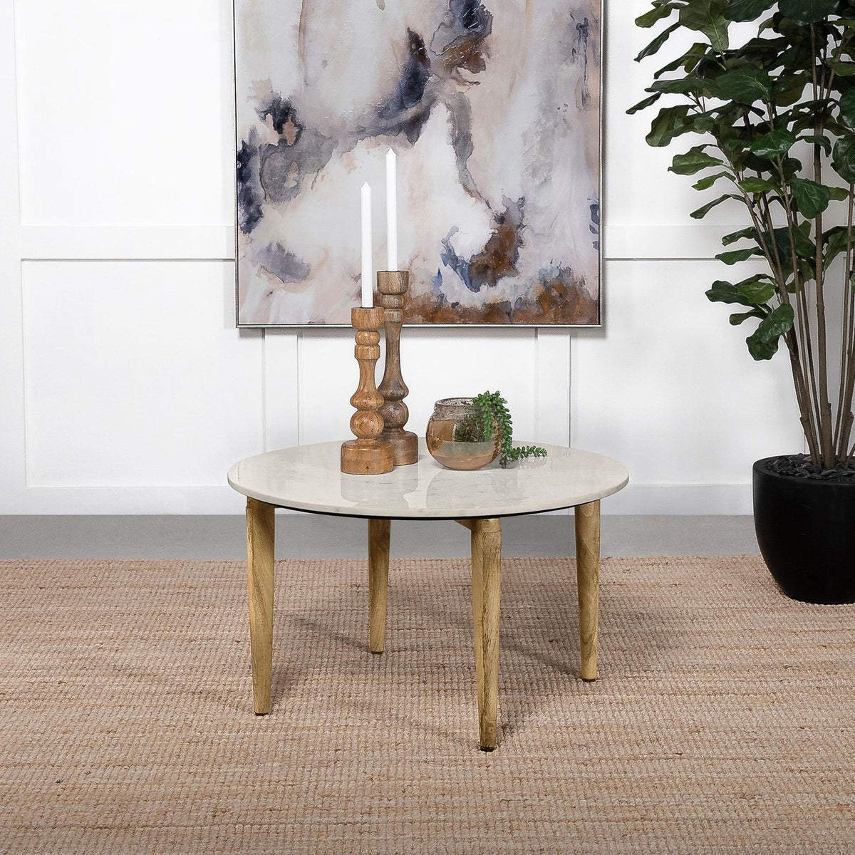 Aldis Round Marble Top Coffee Table White and Natural