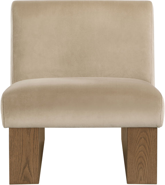 Vantage velvet performance accent chair, beige fabric upholstery with dark wood legs