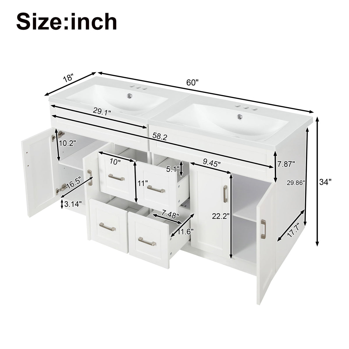 White bathroom vanity diagram with two sinks, two doors, two drawers, and interior openings.