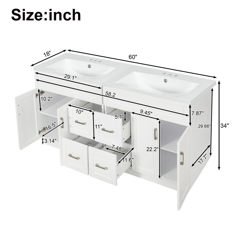 White bathroom vanity diagram with two sinks, two doors, two drawers, and interior openings.