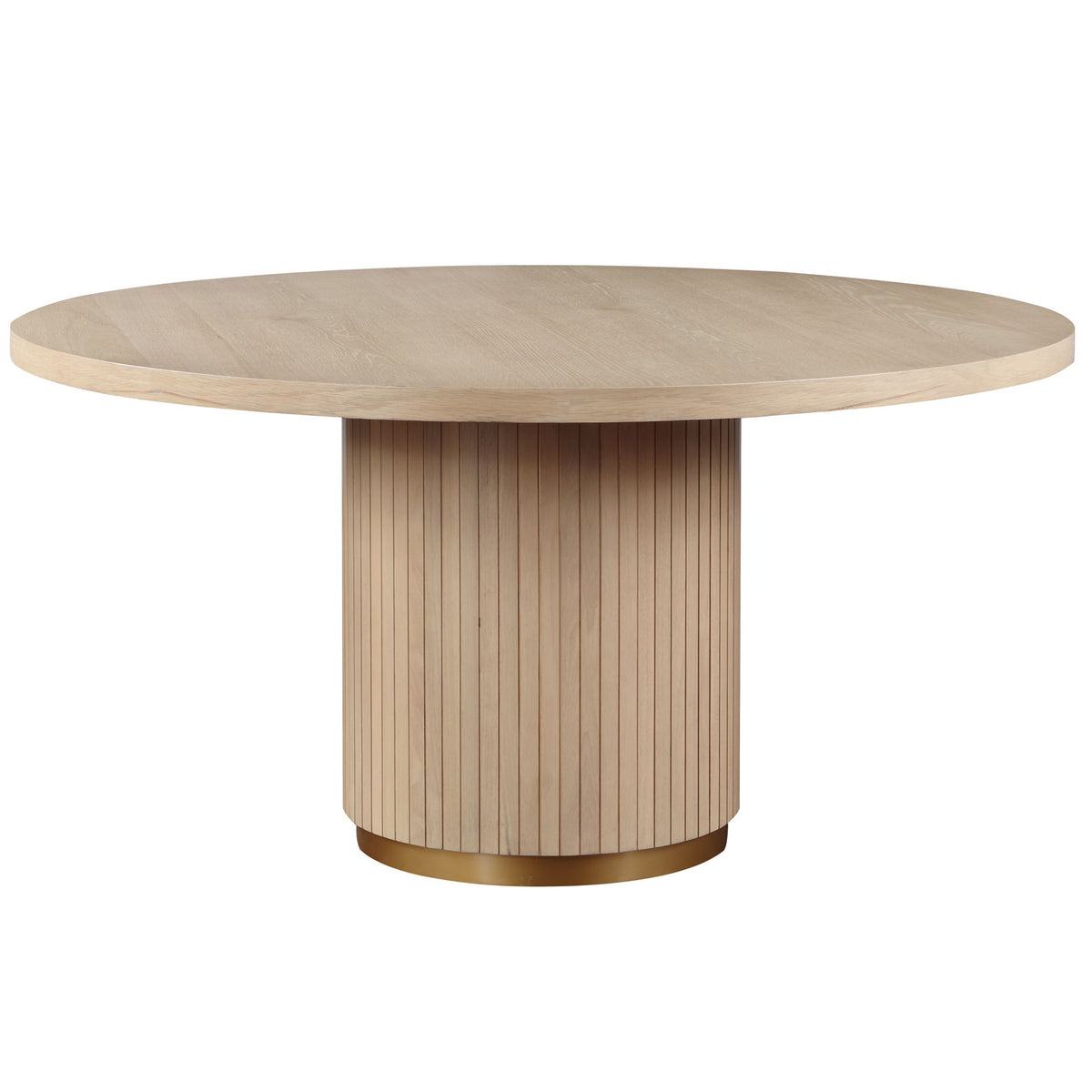 Round light-oak dining table with vertical slat pedestal base.