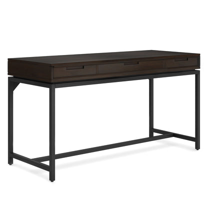 Dark brown mid-century desk with two drawers and black metal base frame