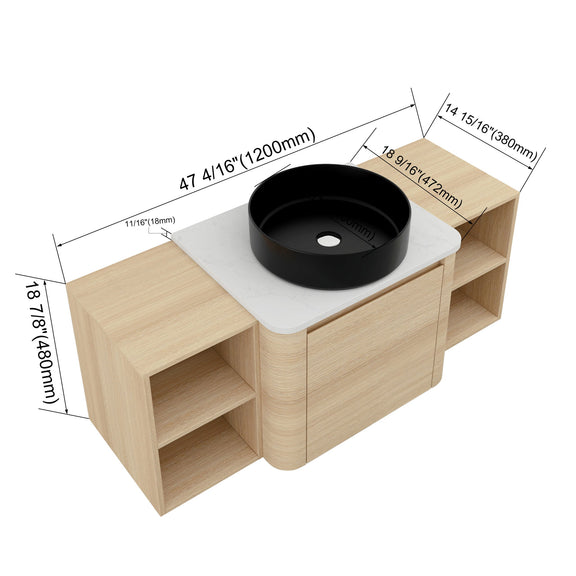 Wall-mounted bathroom vanity with black round art sink and two open storage shelves