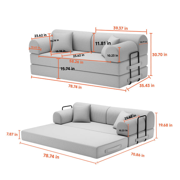Gray convertible sleeper sofa bed dimension diagram with side view and pull handle