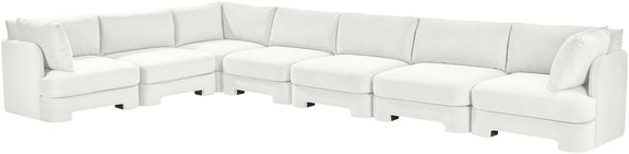 White velvet performance fabric sectional sofa, 7-piece modular corner with low track arms