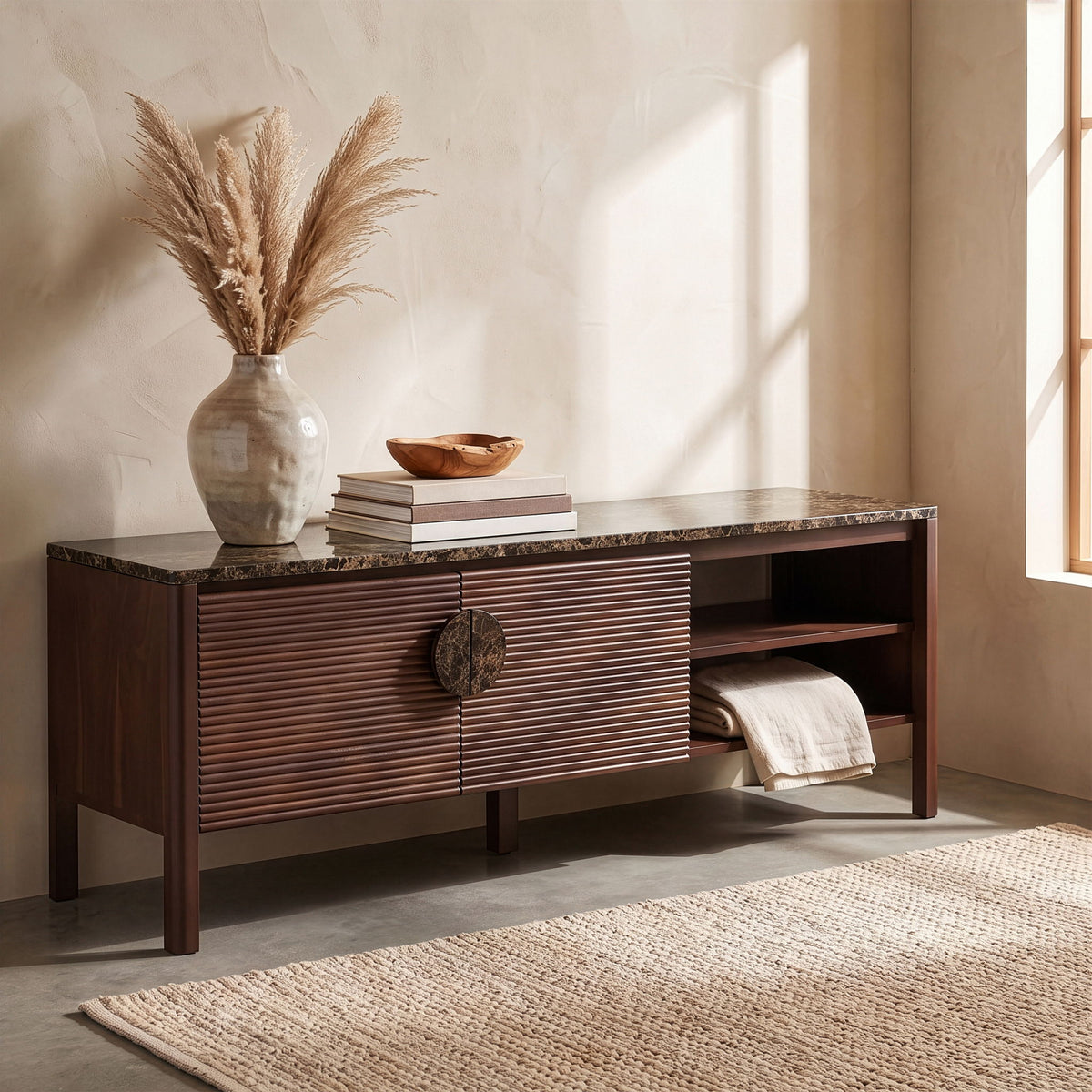 Varenna acacia wood media console with slatted front door and open side shelves, dark brown
