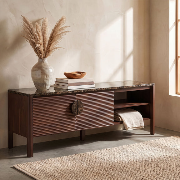 Varenna acacia wood media console with slatted front door and open side shelves, dark brown