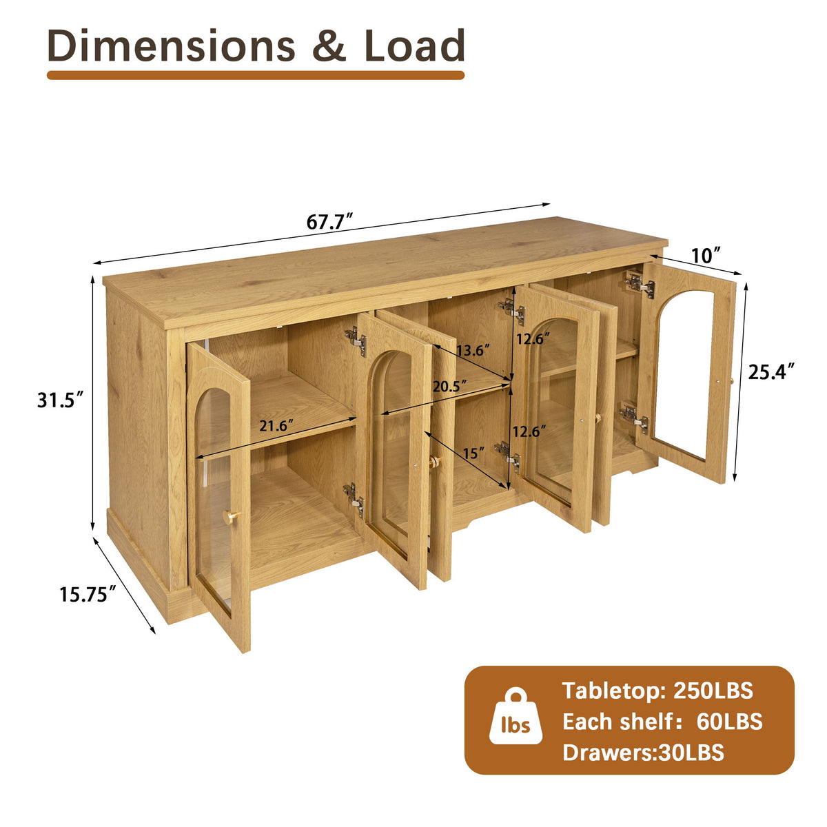 Light brown sideboard cabinet with arched glass doors open, revealing interior shelves