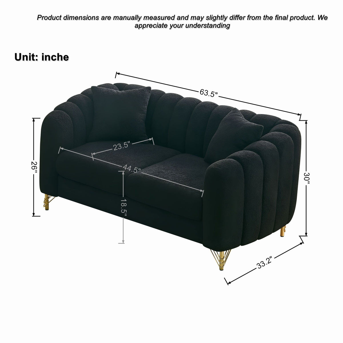 Black upholstered loveseat sofa with channel-tufted back, thick seat, and gold legs.