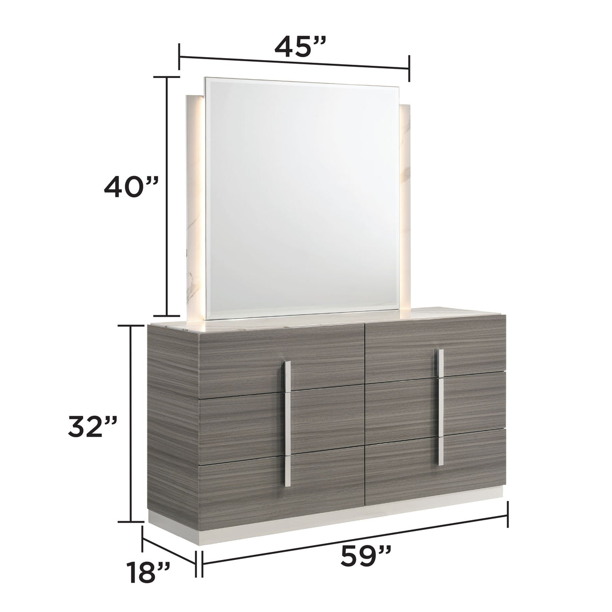 LED mirror over gray dresser with vertical light strips and three cabinet handles