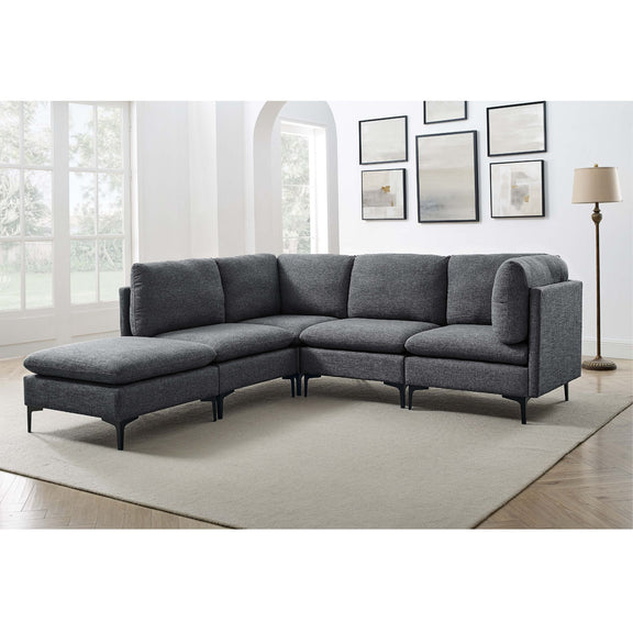 Dark gray modular sectional with tall legs and curved armrests
