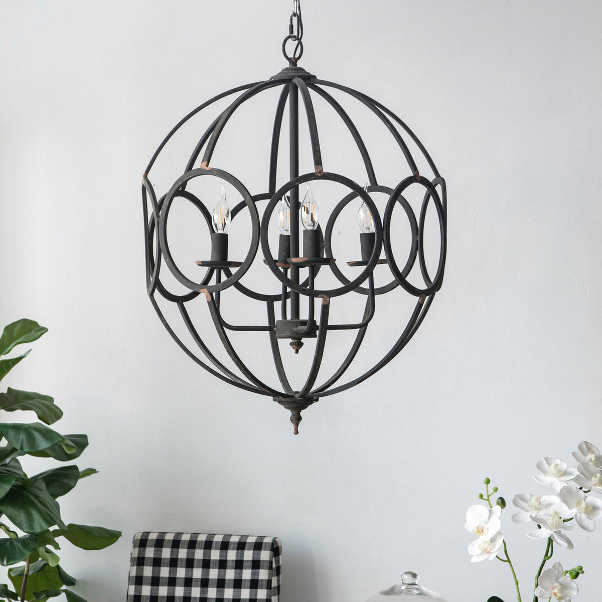4 Light Metal Chandelier, Hanging Light Fixture With Adjustable Chain For Kitchen, Bulb Not Included - Black