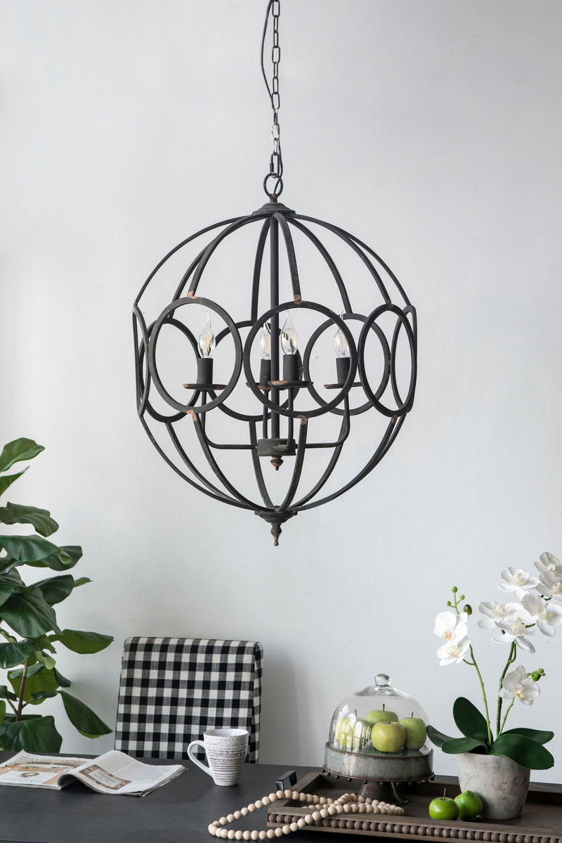 Black metal 4-light chandelier with circular ring globe design and multiple lamp sockets