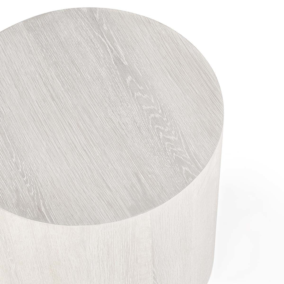 Round end table top edge with white wash finish and circular surface