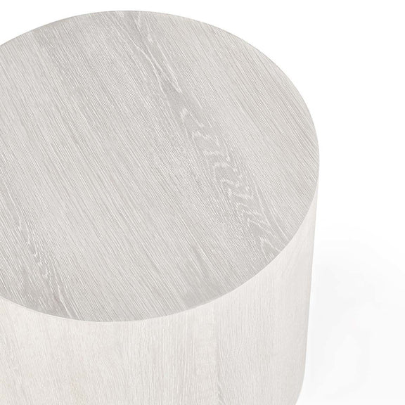 Round end table top edge with white wash finish and circular surface