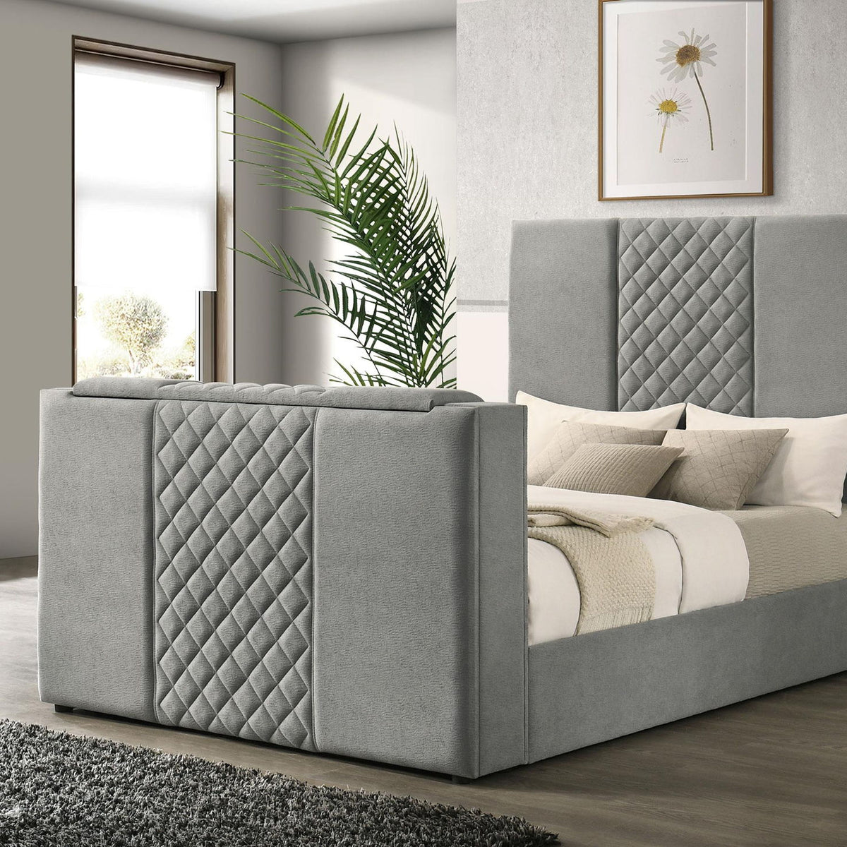 Tara 61-inch Upholstered Queen Panel TV Bed Grey