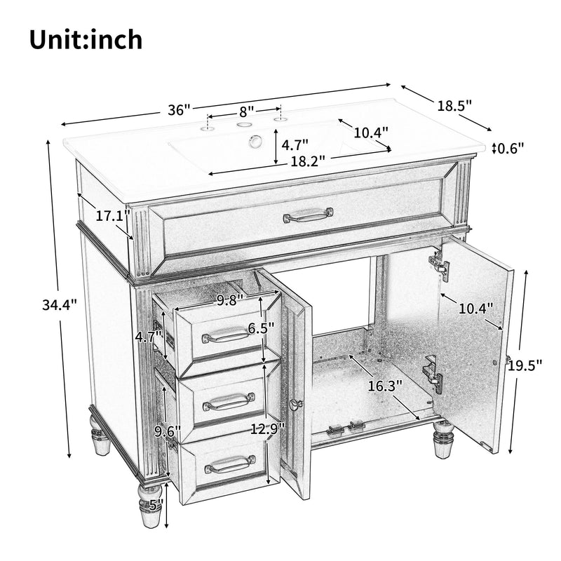 Bathroom vanity dimension diagram with open cabinet and drawer layout