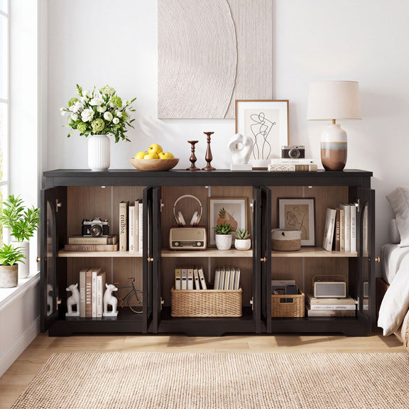 Dark brown arched glass sideboard with 6 doors and interior shelves, open cabinet
