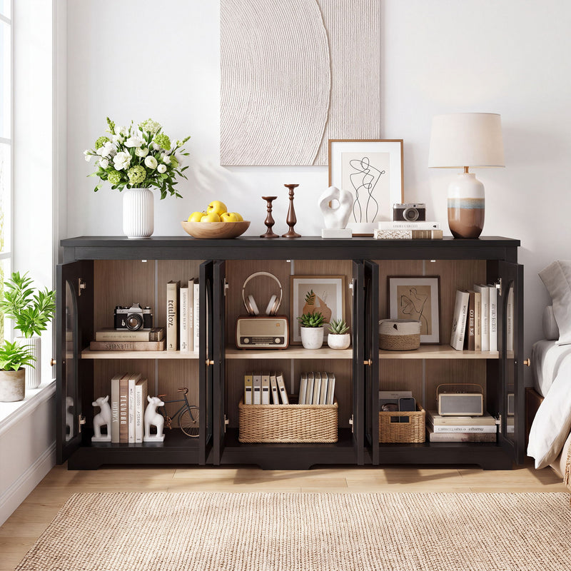 Dark brown arched glass sideboard with 6 doors and interior shelves, open cabinet