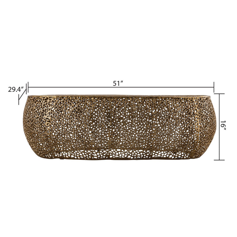 Gold oval coffee table with speckled textured mosaic finish and rounded profile
